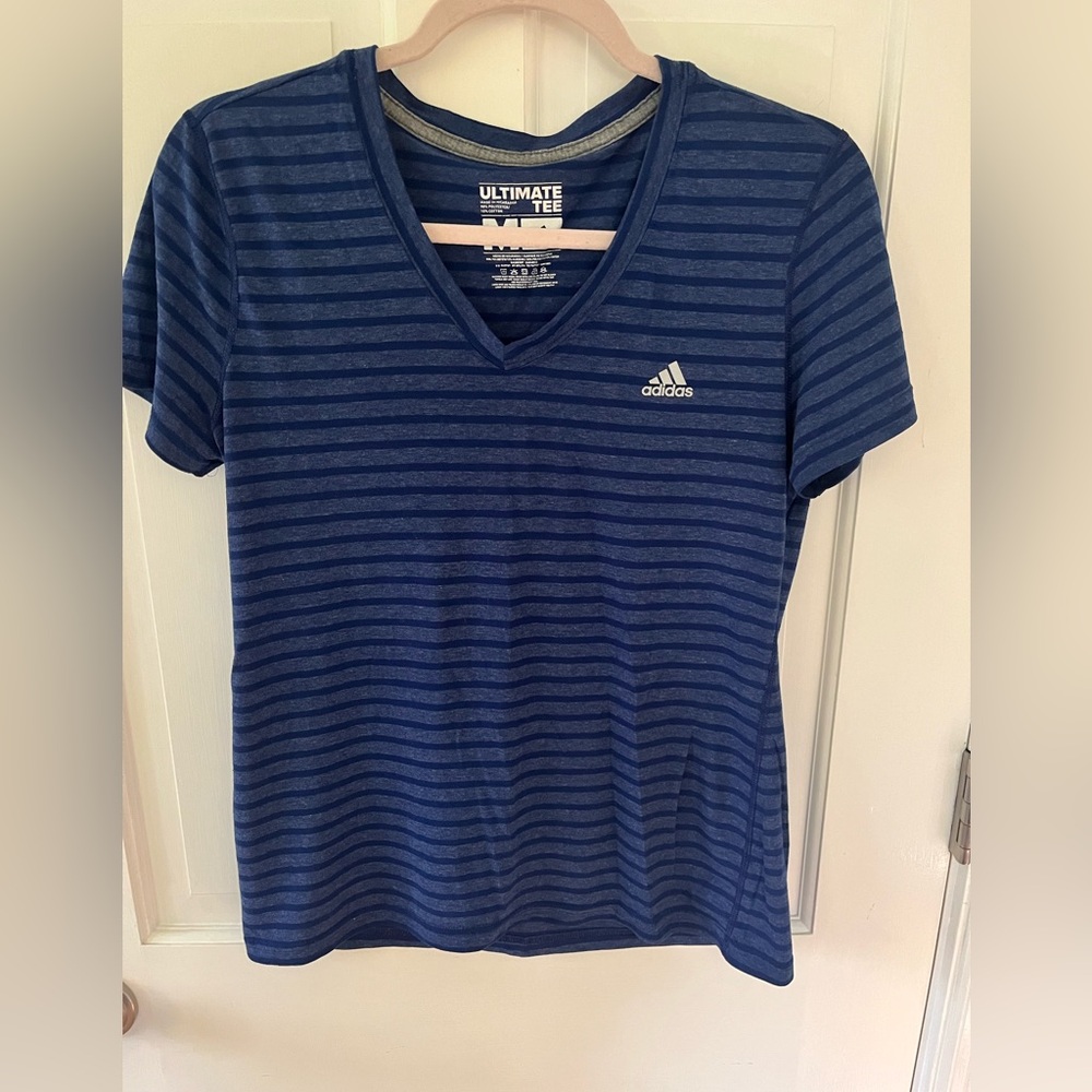 Adidas Blue Striped V-Neck Tee Size Medium